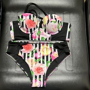 Ocean Club Swimwear, Black Floral two pieces. Used